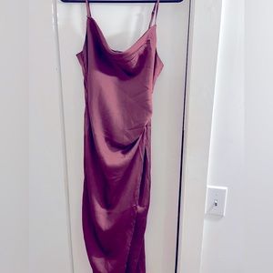 Purple midi length dress, scoop neck, silk/satin with slit